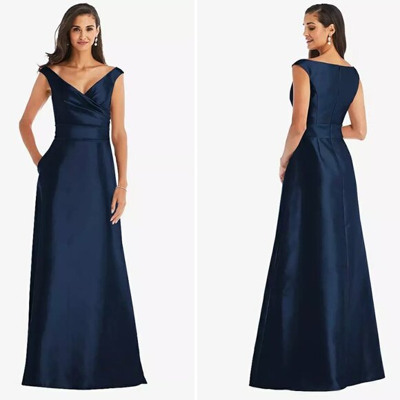 ALFRED SUNG Dresses & Skirts - ALFRED SUNG Off-the-Shoulder Draped Satin Maxi Dress Pockets Size 4 NEW $240